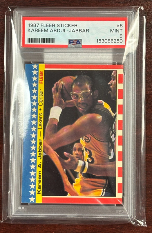 1987 FLEER BASKETRBALL STICKER #8 KAREEM ABDUL-JABBAR Graded PSA MINT 9 Lakers