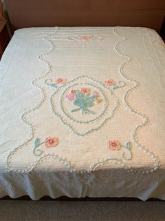 Vintage Chenille Bedspread Lt.Green & Flowers Twin 72" x 100" AS IS Cutter/Craft