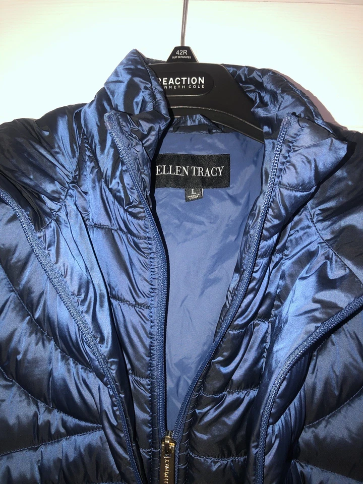 NUEVO SIN ETIQUETAS ABRIGO ACOLCHADO ELLEN TRACY DK AZUL 90% PLUMÓN HASTA LA RODILLA TALLA L Foto 3 de 4