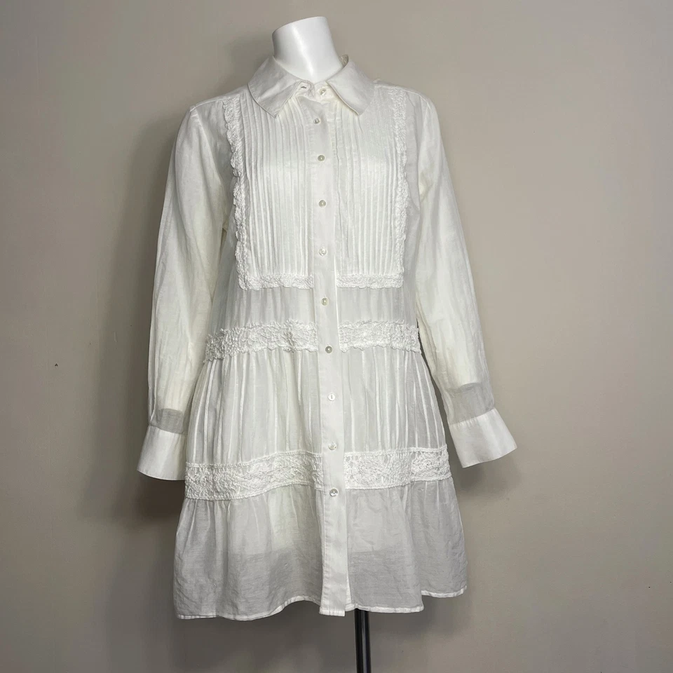 Soft Surroundings Top Blouse Med Cotton Silk Sheer Crochet Lace Pintuck Cottage