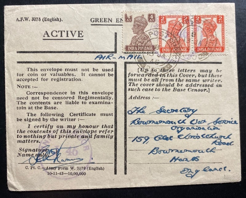 1945 Feldpost india On Active Service Censored Cover To England
