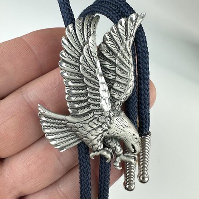 Vintage Silver Pewter Diamond Cut Bald Eagle Western USA Bolo Tie Signed