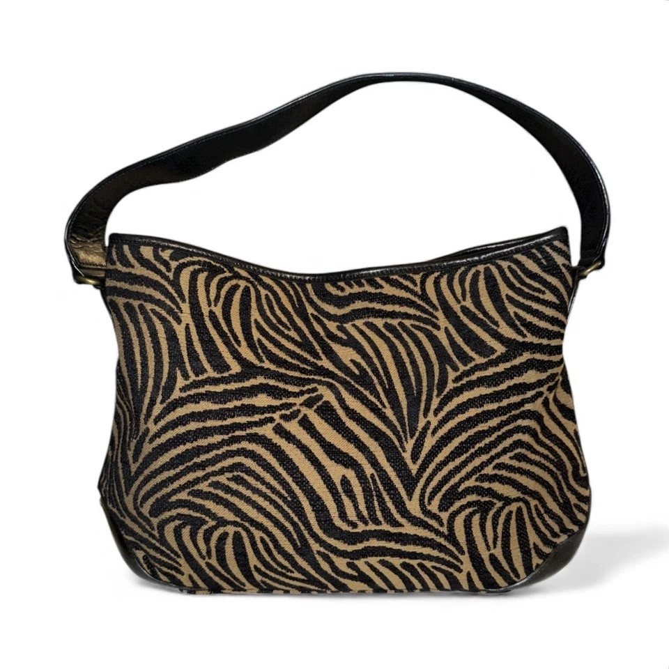 Talbots Purse Zebra Animal Print Fabric Leather Black Brown Shoulder Hobo Bag - Image 2 of 4