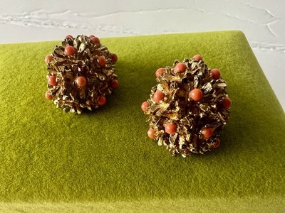 1960s Vintage Panetta  Coral Cabochon  Gold Tone Clip Earrings Braided