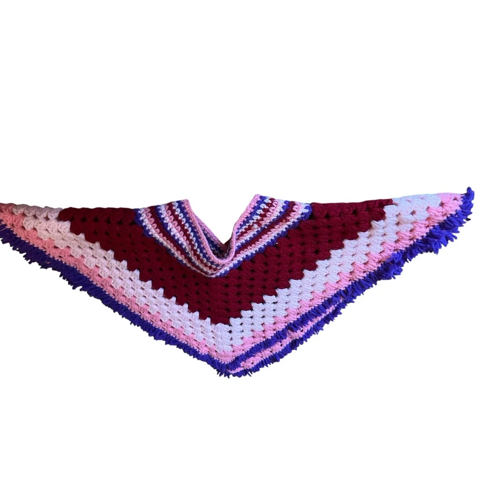 Poncho hecho a mano de ganchillo para niñas tejido a mano rosa afgano púrpura retro Foto 3 de 3