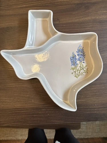 VTG Frankoma Pottery Texas Shaped Casserole Dish W/ Bluebonnet  Large 11" X 12"