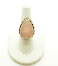STERLING SILVER LARGE ROSE QUARTZ PEAR SHAPED STONE RING SIZE 7.25 FMR442