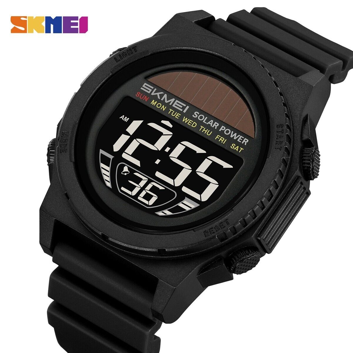 SKMEI Energía Solar Digital Deportes Reloj Hombre Informal 5ATM Cronógrafo Fecha Luz Trasera
