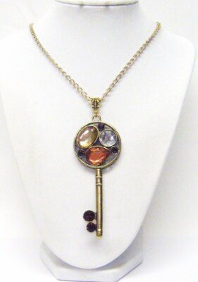 Long Brass Key w/ Rhinestones Pendant Necklace