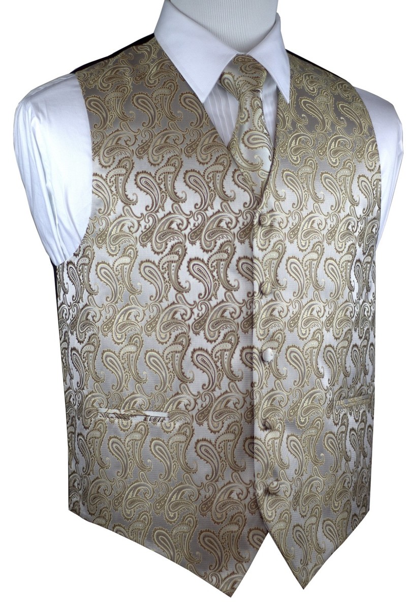 Parklees Herencolbert, luxe, metallic paisley goudkleurige print, glanzend, bruiloft, Prom Party vest voor kostuum of smoking, Goud, S