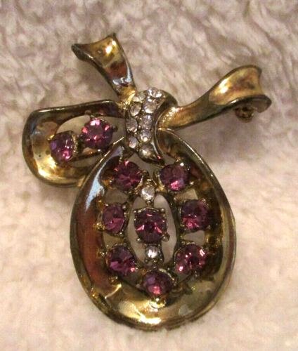 Vintage~Gold Tone Brooch~Purple & White Rhinestones~1960's - Picture 9 of 15