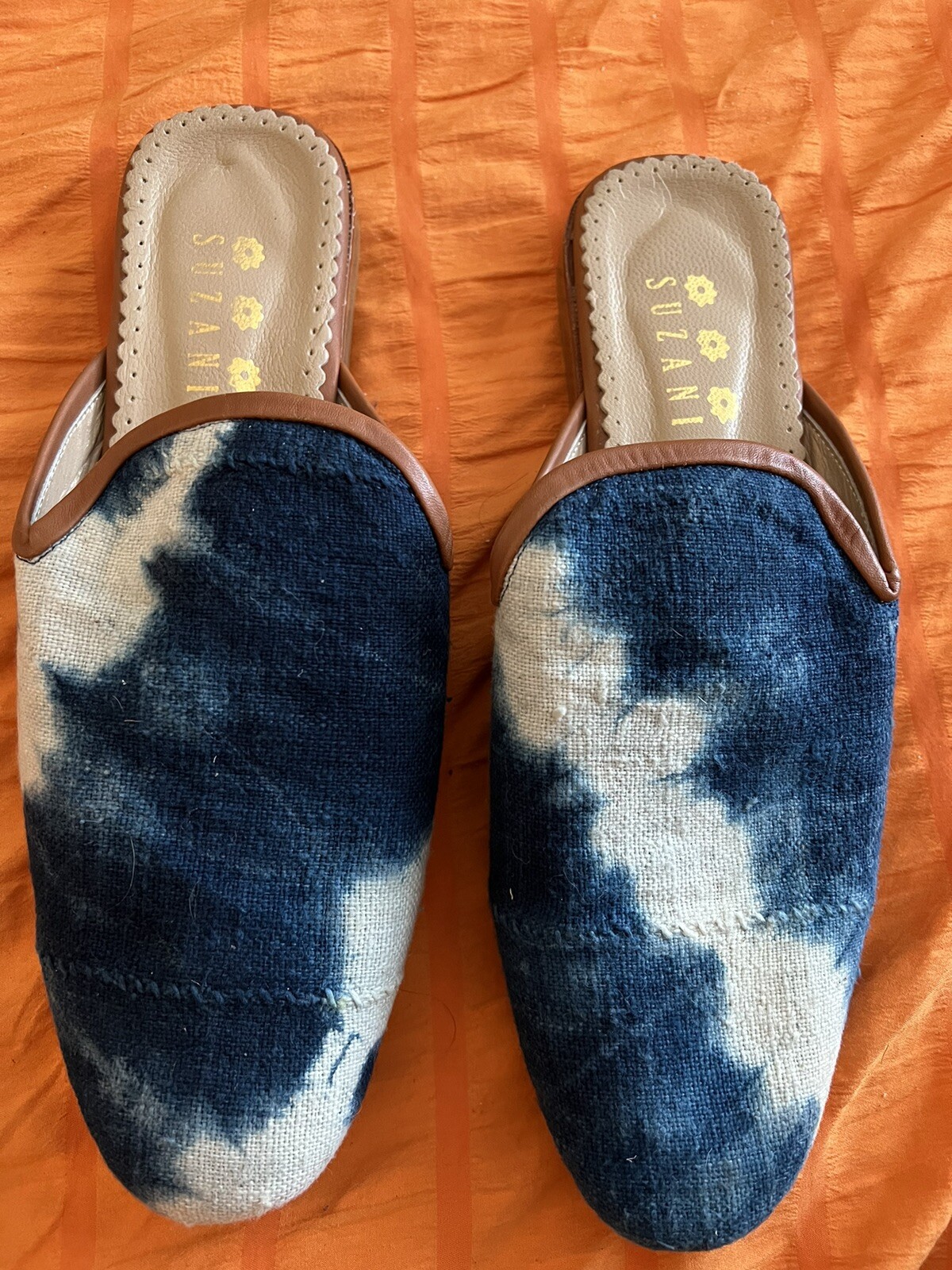 SAOLA Suola e fodera in pelle da donna Suzani Slides tintura cravatta indaco turca taglia 42