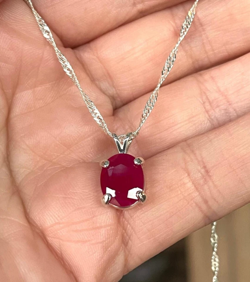 Solid 925 Sterling Silver Natural Ruby Necklace Birthday Gift Necklace For Girl - Image 2 of 4