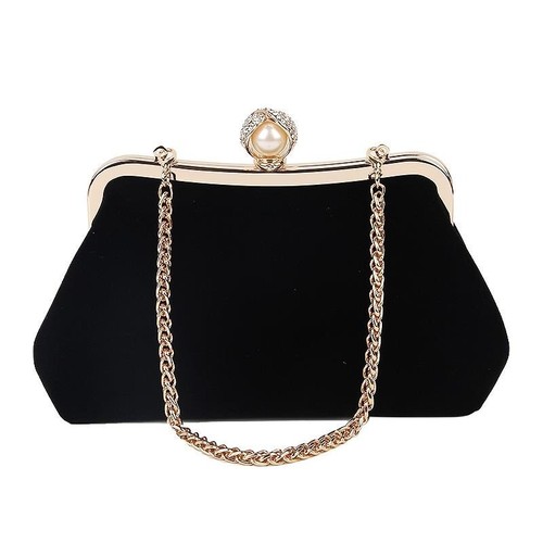 Black Evening Clutch Purse Shoulder Bag Handbag Gold Flower Diamond Pearl - Picture 8 of 9