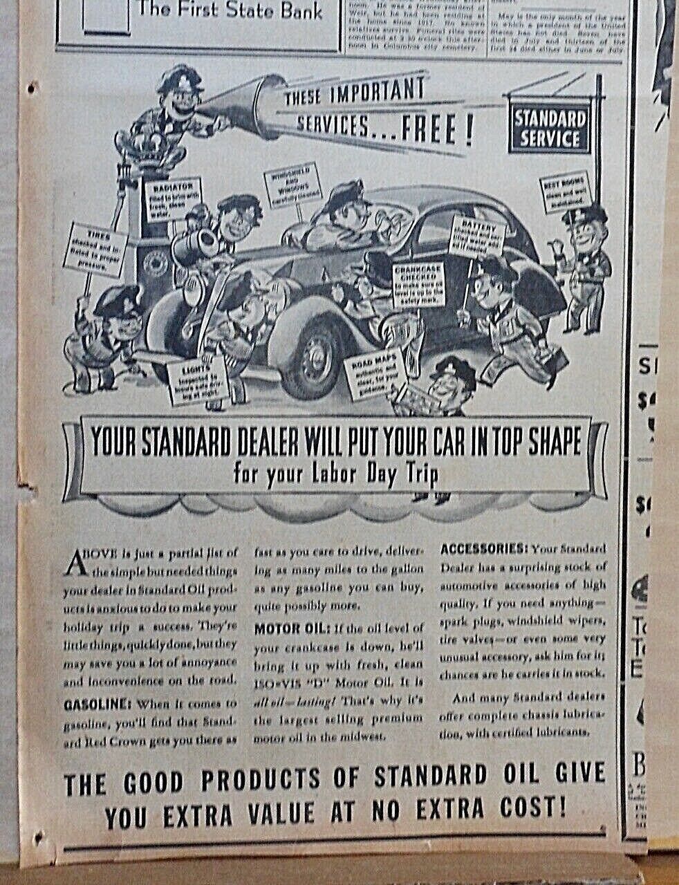 1936 newspaper ad for Standard Gas, Cartoon attendants service car for  Labor Day | eBay