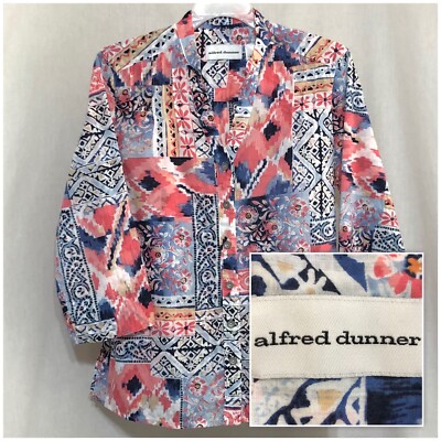 Sz 8 ALFRED DUNNER Women s 3/4 Sleeve Button Down V Neck Floral Blouse Top Shirt