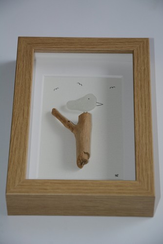 Seeglas-Bild "Vogel auf Baumstamm" 17 x 12 Strandglas Strandgut Meerglas Rügen - Bild 2 von 20