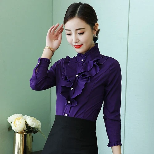 Camisa Blusa Top Oficina Dama Cuello Alto Volantes Manga Larga Calce Ajustado Formal - Imagen 7 de 23