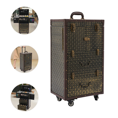 PU&PVC Makeup Rolling Case Lockable Cosmetic Wheeled Trolley Box W/ Key Vintage