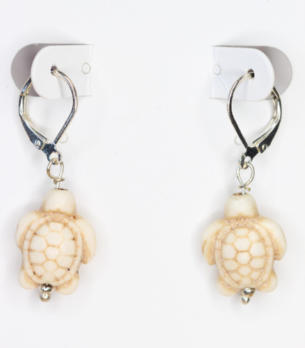 White Tone Turtle Charm Earrings Silver Plated Brass Leverback Earrings 1 1/2" - Picture 2 of 4