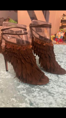Aquazurra  Suede Feather Fringe  Pocahontas  Sandals Heels New No Box size 37.5