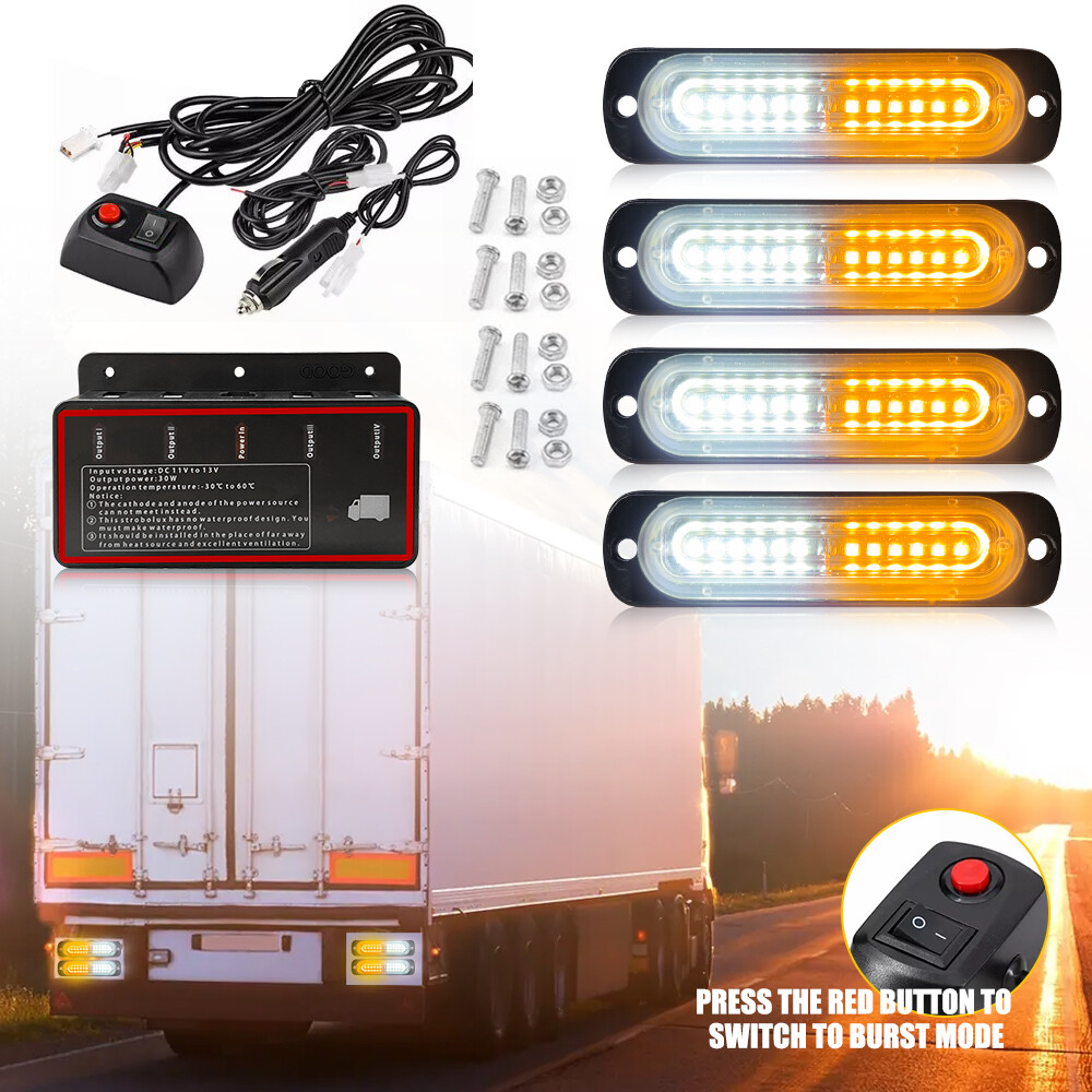 2xAmber+2xWhite 12 LED Strobe Light Bar Car Truck Flashing Warning Hazard Beacon