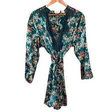 Vtg Gold Label Victorias Secret Green Floral Kimono Robe One Size Lace Trim