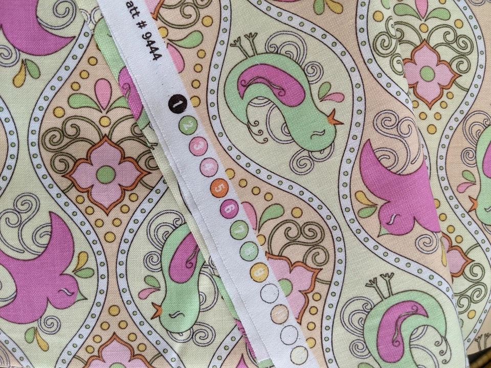 Polka Perch by Jessica Goldman-, birds with ogee, pink, yellow, orange, 25" x44" - Image 2 of 4