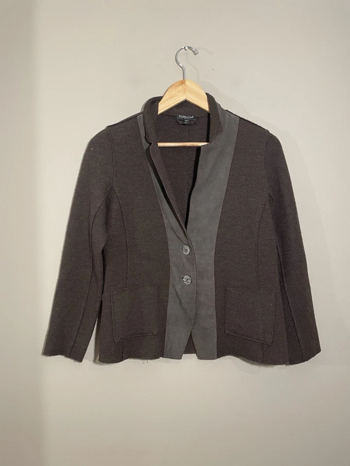 Chaqueta Cárdigan Eileen Fisher Lana Merino Cordero Cuero Borde Pequeña Marrón Foto 2 de 4