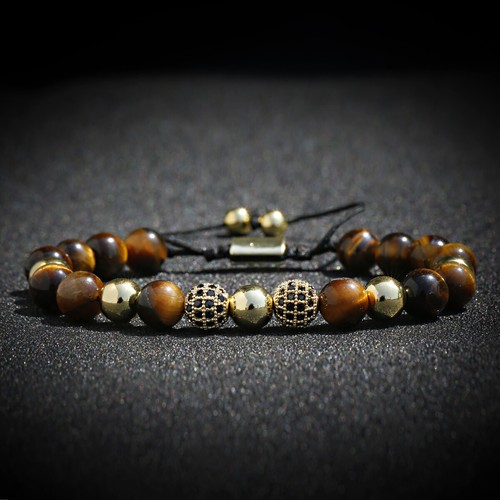 Luxury Copper Bead CZ Pave Ball Natural Tiger Eye Bead Bracelets Braided Bangle - Bild 13 von 37