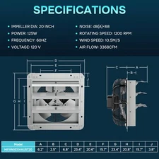 20 Inch Wall Mounted Shutter Exhaust Fan 1200 RPM 3368 CFM for Attic Garage