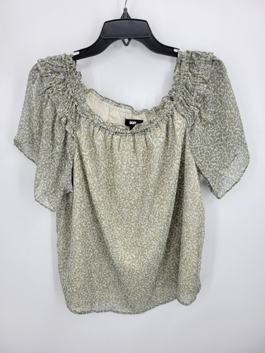 DKNY Top Womens Large Tan Animal Print Scoop Neck Puff Sleeve Blouse