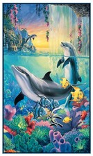23" Fabric Panel Elizabeth's Studio Dolphin Falls Fish Coral Reef Scene Blue