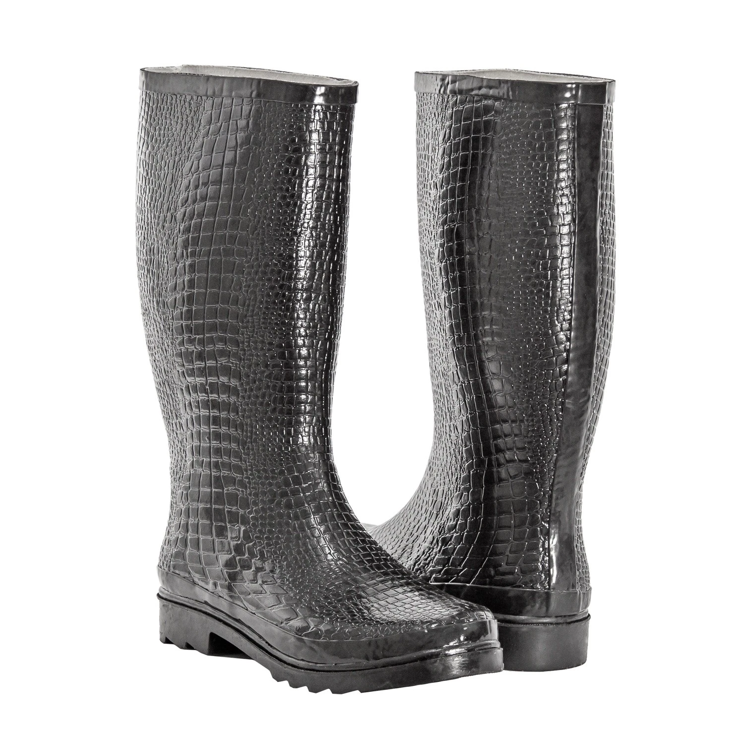 Black Rain Boots Womens Size 6 Faux Crocodile Waterproof Rubber Tall, NEW