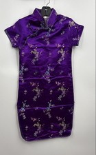 So Mei Jin Women's Purple Floral Collared Short Sleeve Chinese Dress Size 14