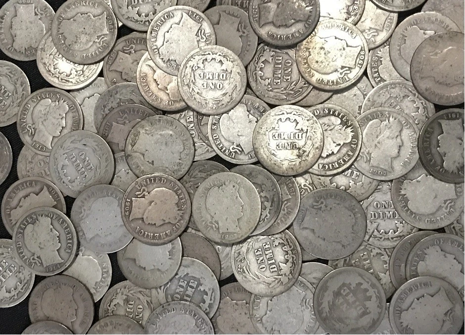 LOTE de 50 (1 ROLO) 90% moedas de dez centavos de prata BARBEIRO 1892-1916 circuladas ABATES DE BAIXO GRAU - Imagem 2 de 3