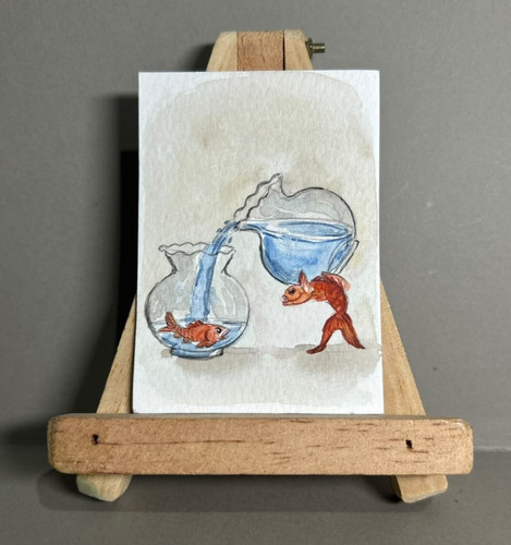 ACEO Original Watercolor Painting OOAK Surreal Fish Legs Bizarre Miniature Art