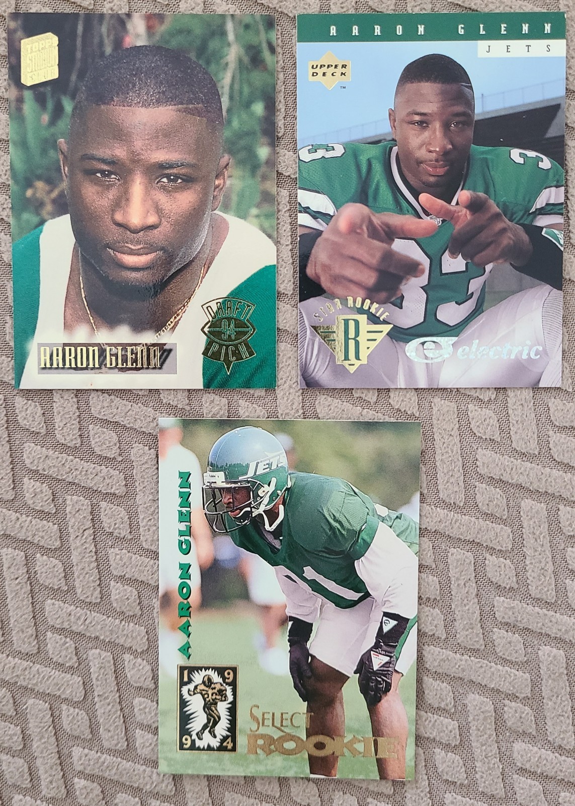 Aaron Glenn RC Lot (3) Upper Deck Electric, Topps Stadium Club, Pinnacle NY Jets