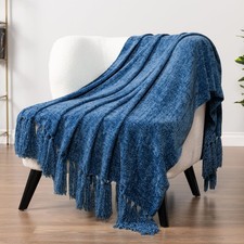 1 PCS 50x60 Inch Blue Chenille Throw Blanket Soft Knit Tassel Bed Couch Decor