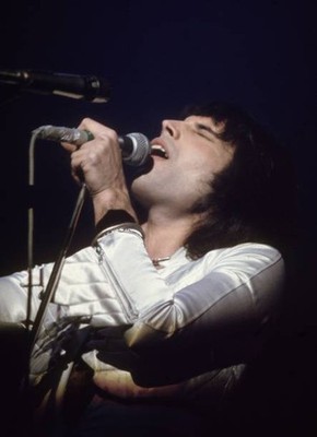 Freddie Mercury lead singer of 70s hard rock quartet Queen concert - Old Photo