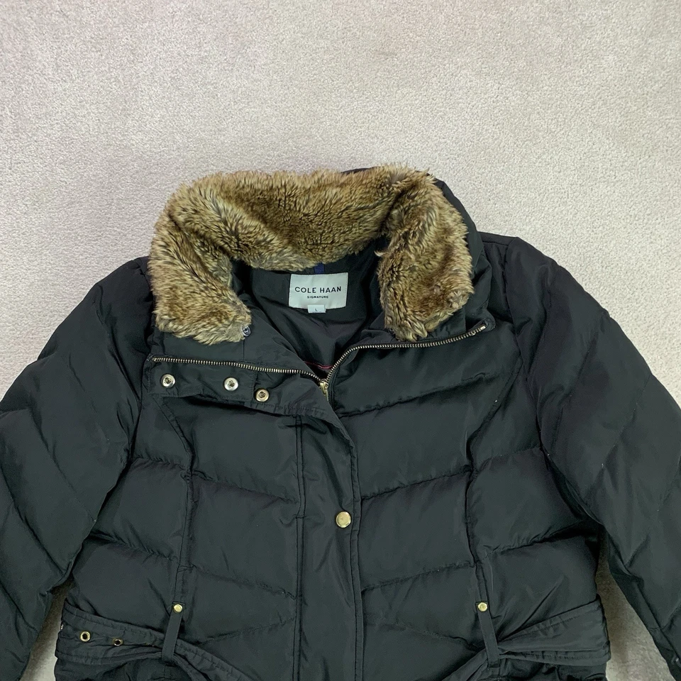 Cole Haan Women Size Large Signature Down Puffer Jacket Black Coat Fur Stow Hood - Image 2 of 4