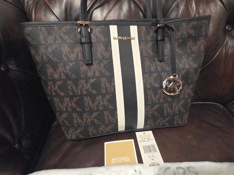 $368. Michael Kors tote jet set travel med stripe MK signature tote -black multi