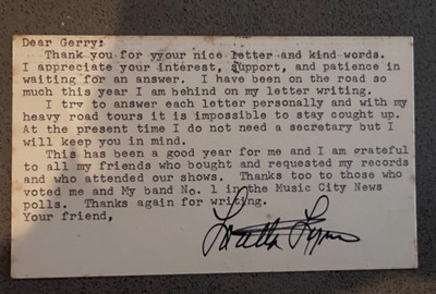 Loretta Lynn AUTOGRAPH Letter LOT   1970s Fan Club Correspondence + postcard!!