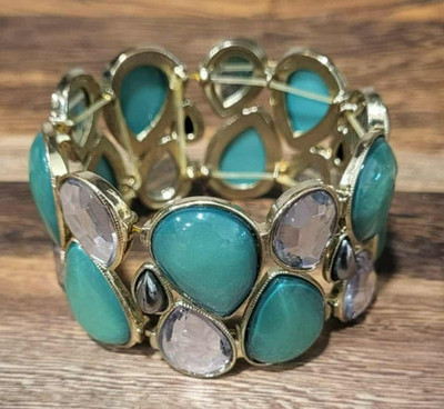 Teardrop Turquoise & Crystal Stretch Bracelet Gold Tone Boho Statement Jewelry