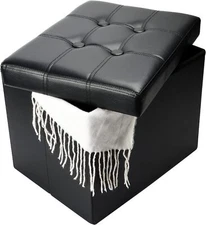 Folding Foot Stool Ottoman with Storage, Padded Seat, 17x13x13in, Black