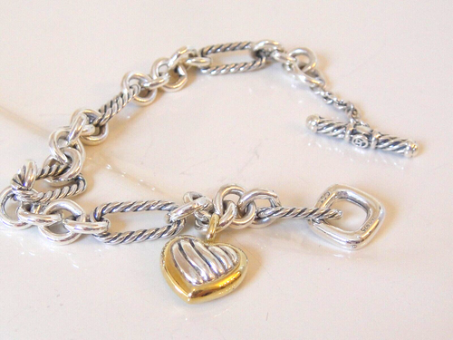 DAVID YURMAN 18K GOLD SILBER CHARM HERZ FIGAROKETTE ARMBAND