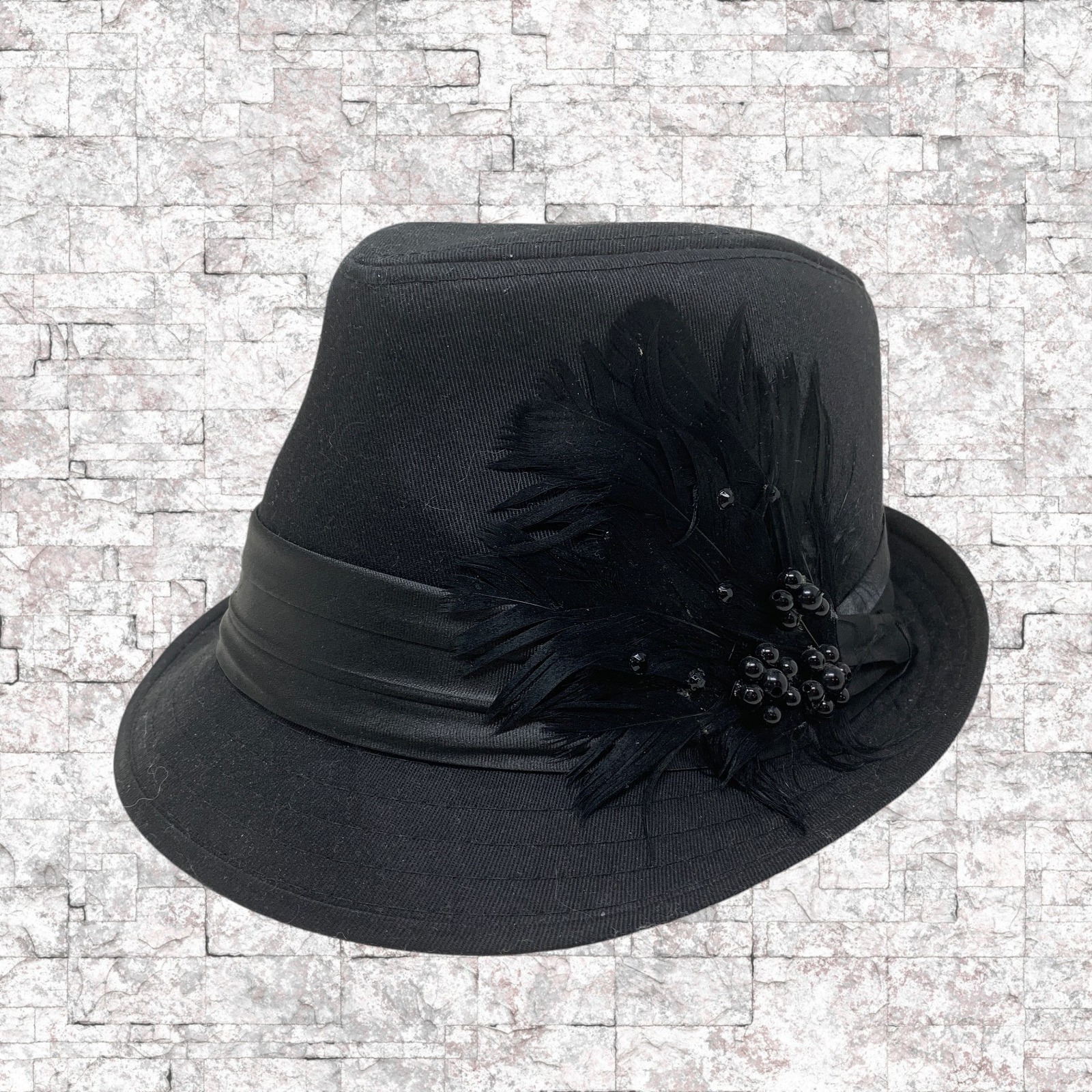 Black Fedora Gangster Hat with Feather Band for Hip Hop Style-image