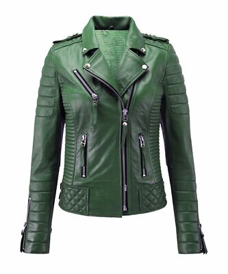 Women's Green Lambskin Leather Jacket Genuine Leather Quilted Motor Biker Jacket