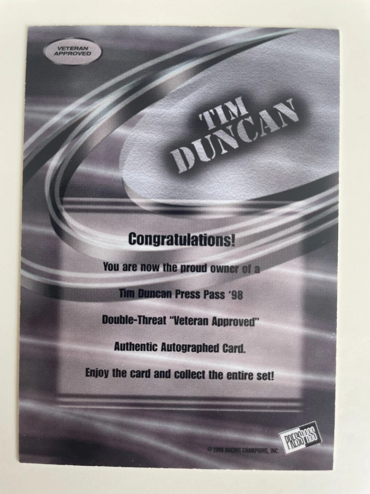1998 Press Pass Double Threat Veteran Approved Tim Duncan Auto - Image 4 of 4