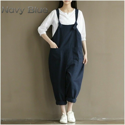 Lady Cotton Dungarees Pants Harem Loose Casual Overall Pocket Trousers Jumpsuit - Picture 14 of 15
